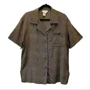 Vintage Pure Silk Blouse Pyjama Style Short Sleeves Black Tan Print Size 14